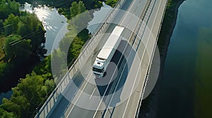 Generative AI Aerial view of white cargo truck crossing bridge on highway near Kaunas Lithuania business concept.