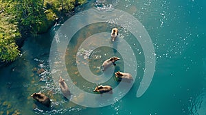 Generative AI Aerial view of wild bears hunting in river close to Kambalnoe Lake Kamchatka Russia business concept