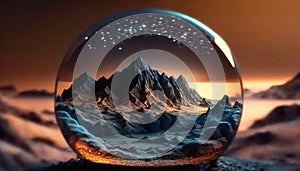 Generative AI, Alien planet, crystal ball with landscape, mountaints, stars