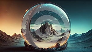 Generative AI, Alien planet, crystal ball with landscape, mountaints, stars