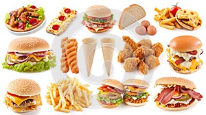 Generative AI All Fast Food collection set, isolated on white background. Fried chicken, fries, pizza, sandwich, c