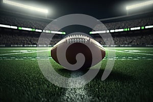 Generative AI of american football ball on field with stadium lights