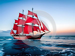 Generative AI. Ancient ship with scarlet sails