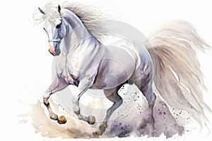 Generative AI. Animal illustration. White stallion, portrait of a white horse. Watercolor illustration