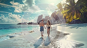 Generative AI Anse Source dArgent La Digue Seychelles a young couple of Caucasian men and Asian women on a tropica photo