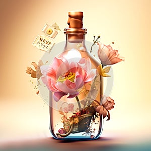 Generative AI: antasy botlle with flowers in a on a gradient background