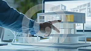 Generative AI Architect engineer pointing at architectural building prototype analyzing construction model on comp