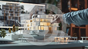Generative AI Architect engineer pointing at architectural building prototype analyzing construction model on comp