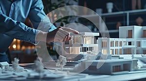Generative AI Architect engineer pointing at architectural building prototype analyzing construction model on comp