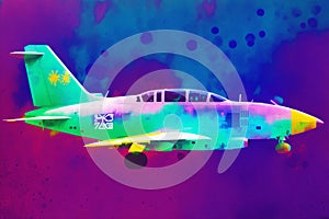 Airplane on colorful watercolor background. Airplane in the sky.Watercolor paint. Digital art, Generative AI
