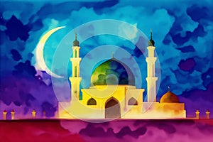 Beautiful old mosque. Islamic background. Eid-al-Adha. Ramadan. Copy space. Generative AI