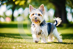 Cute purebred Australian Silky Terrier. Portrait of a beautiful Australian Silky Terrier dog playing in the park. Generative AI