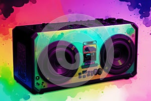 Grunge music background with boombox. Abstract colorful background. Watercolor paint. Digital art, Generative AI