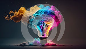 generative ai art Lightbulb with bright colorful cloud smoke explosions energy. idea