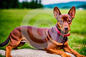 Miniature pinscher sitting on the ground in the park. Generative AI photo