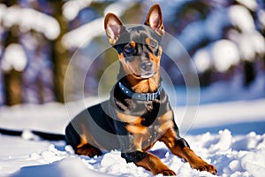 Miniature pinscher sitting on the ground in the park. Generative AI photo