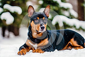 Miniature pinscher sitting on the ground in the park. Generative AI photo