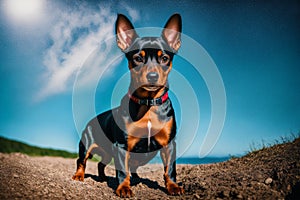 Miniature pinscher sitting on the ground in the park. Generative AI photo