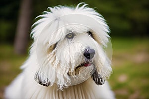 Portrait of a beautiful dog dog playing in the park. Generative AI photo