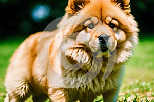 Portrait of a Cute chow chow dog in the park. Generative AI photo