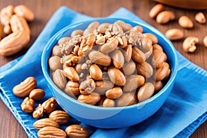 Roasted peanuts in white bowl on wooden background. Close up. Generative AI