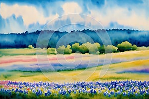 Tranquil Summer Scenery. A Watercolor Painting of Park, Lake, field and River. Generative AI photo