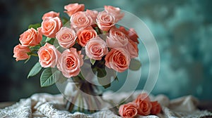 Generative AI Artificial pink rose flowers bouquet in vase on white embroidered cloth copy space text or lettering