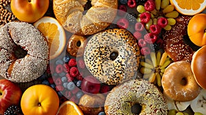 Generative AI Assorted bagels breads with fruits and toppings closeup  on background with natural lighting