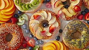 Generative AI Assorted bagels breads with fruits and toppings closeup  on background with natural lighting