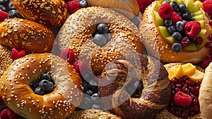Generative AI Assorted bagels breads with fruits and toppings closeup  on background with natural lighting