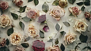 Generative AI Assorted roses  heads Various soft roses  and leaves scattered on a vintage background overhead view