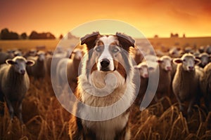 Generative AI Australian Shepherd working as sheepdogs with flock of sheep in a meadow at sunset. Aussie is a smart
