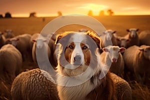 Generative AI Australian Shepherd working as sheepdogs with flock of sheep in a meadow at sunset. Aussie is a smart