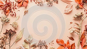 Generative AI Autumn composition Frame made of dried flowers and leaves on pastel beige background Autumn fall con