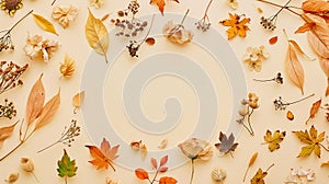 Generative AI Autumn composition Frame made of dried flowers and leaves on pastel beige background Autumn fall con