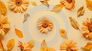Generative AI Autumn composition Frame made of fresh orange flowers on pastel beige background Autumn fall concept