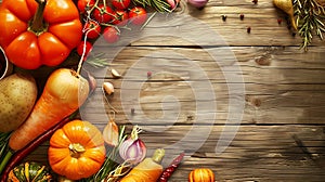 Generative AI Autumn cooking background with seasonal organic vegetables on wooden table top view copy space Ingre