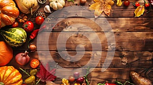 Generative AI Autumn cooking background with seasonal organic vegetables on wooden table top view copy space Ingre