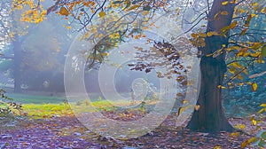 Generative AI Autumn Fall scene Beautiful Autumnal park Beauty nature scene Autumn landscape Trees and Leaves fogg