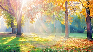 Generative AI Autumn Fall scene Beautiful Autumnal park Beauty nature scene Autumn landscape Trees and Leaves fogg