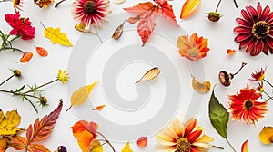 Generative AI Autumn floral composition Frame made of fresh flowers on white background Autumn fall concept Flat l