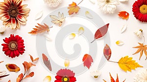 Generative AI Autumn floral composition Frame made of fresh flowers on white background Autumn fall concept Flat l