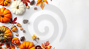 Generative AI Autumn holidays and sale background Thanksgiving Day greetings card Multicolored pumpkins autumn lea