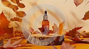 Generative AI Autumn showcase made of natural wood autumn foliage glass brown bottle essential oil Podium presenta photo