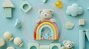Generative AI Baby kids toy for children with teddy bear wooden rainbow house car organic teether colorful blocks