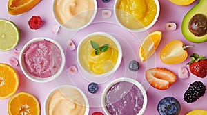 Generative AI Baby puree recipe made of fresh fruits First baby solid food recipe idea Top view  flat lay business