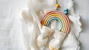 Generative AI Baby wooden toy teether eco natural Scandinavian nordic style rainbow toy with little socks on white