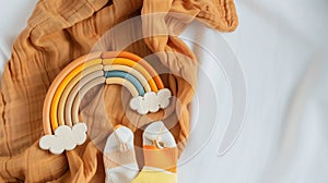 Generative AI Baby wooden toy teether eco natural Scandinavian nordic style rainbow toy with orange blanket and li
