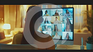 Generative AI Back view of female employee engaged in web team meeting briefing using laptop at home have webcam c