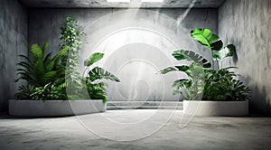 Generative AI: background with stage and on stone floor, tropical plants on the side